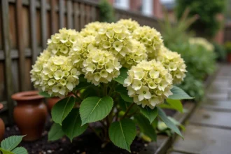 Hortensia avec feuilles qui jaunissent au printemps dans un jardin résidentiel, sol humide et clôture en bois en arrière-plan