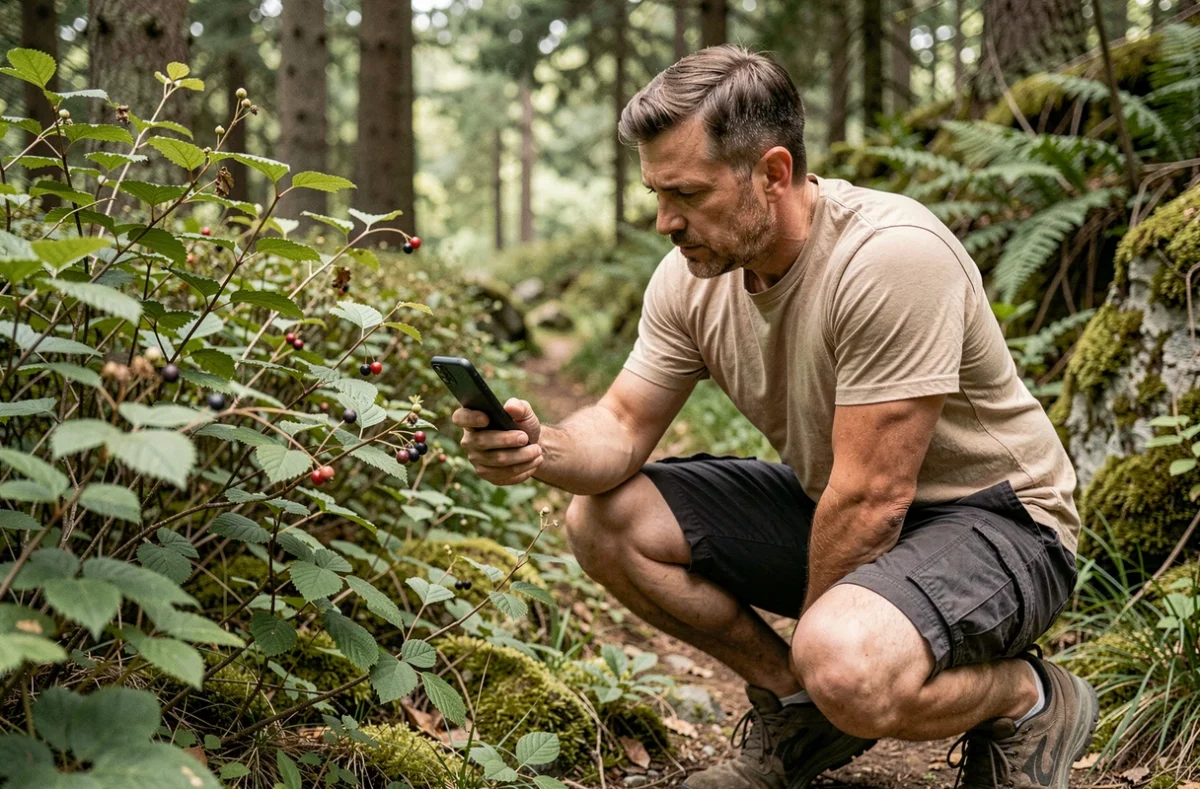 Homme identifiant des plantes sauvages en forêt avec l'application PlantNet gratuite sur smartphone Android