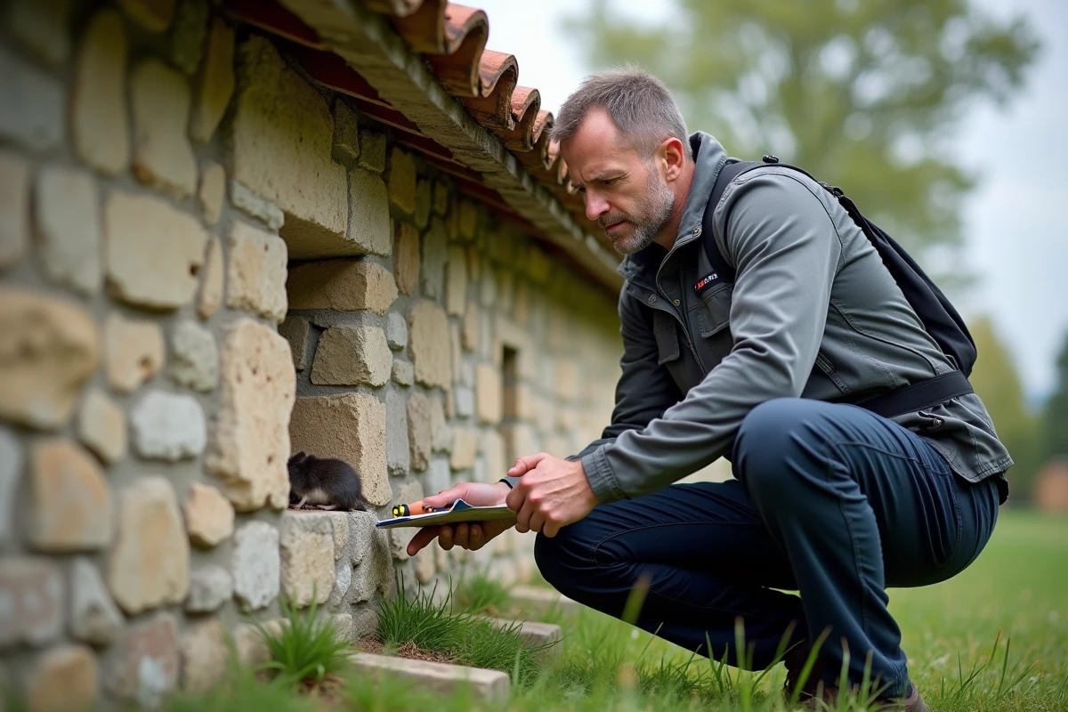 Technicien en désinsectisation inspectant un mur extérieur en pierre d'une maison rurale pour identifier les points d'entrée des loirs