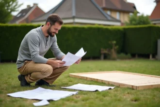 Homme assemblant un cabanon de jardin en bois acheté chez Action dans un jardin résidentiel français