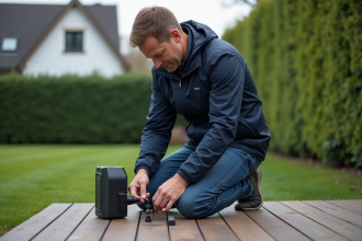Homme installant une station météo dans un jardin