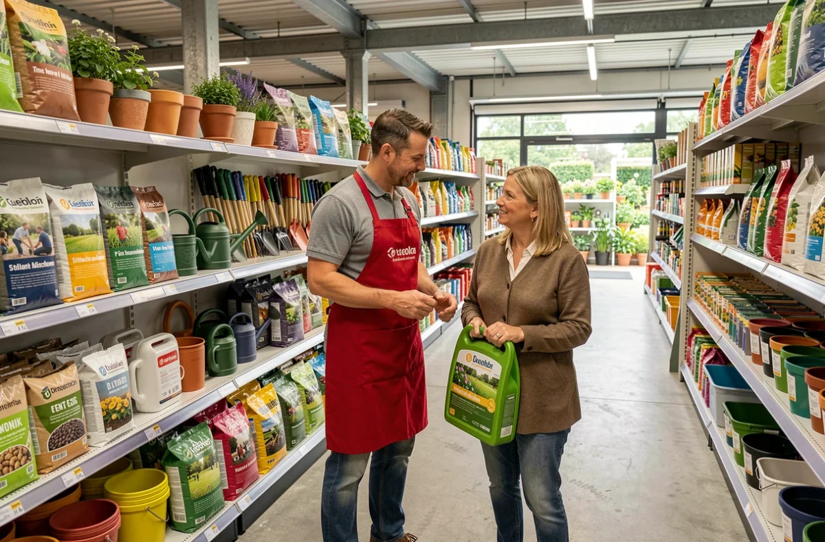 Conseiller de Jardin et Bricolage Lille guidant une cliente dans le rayon jardinage d'une grande surface spécialisée à Lille