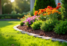 Jardin bien entretenu avec fleurs colorées et buissons verts