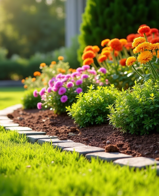 Jardin bien entretenu avec fleurs colorées et buissons verts