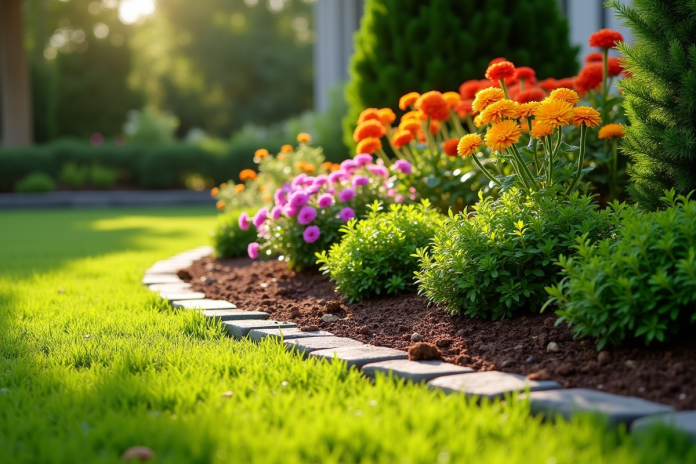 Jardin bien entretenu avec fleurs colorées et buissons verts