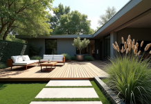 Jardin moderne avec terrasse en bois et allées géométriques
