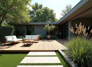 Jardin moderne : les caractéristiques clés à connaître pour l’aménager Jardin moderne avec terrasse en bois et allées géométriques
