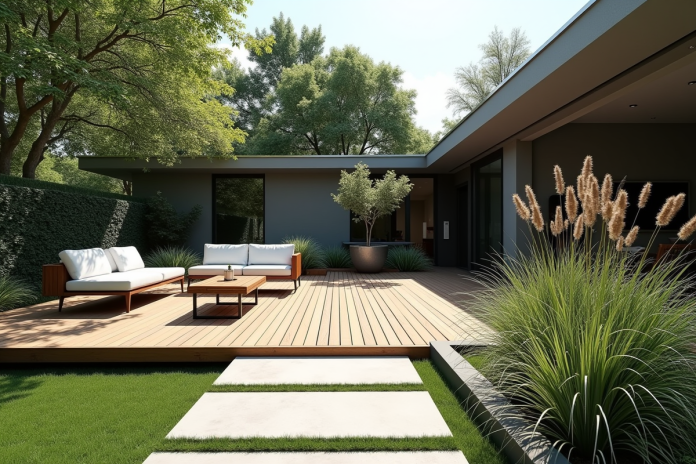 jardin-moderne-amenagement Jardin moderne avec terrasse en bois et allées géométriques