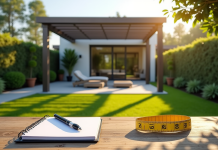 Jardin moderne avec pergola et pelouse ensoleillée