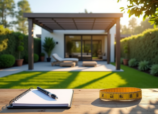 Surface idéale pergola sans permis: calcul et règlementation Jardin moderne avec pergola et pelouse ensoleillée
