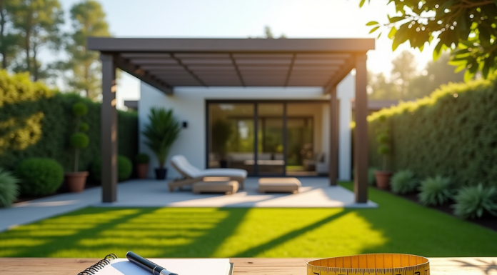 Jardin moderne avec pergola et pelouse ensoleillée
