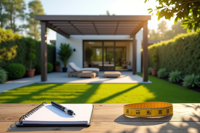 Jardin moderne avec pergola et pelouse ensoleillée