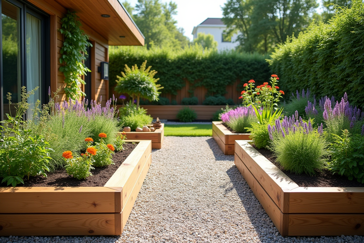 Jardin moderne avec lits surélevés en bois et plantes colorées