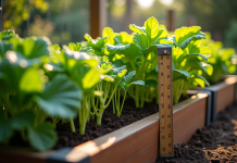 Jardin surélevé avec légumes en pleine croissance en plein soleil