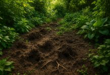 Jardin envahi : que faire face à une invasion souterraine ? Photo hyperrealiste d'un jardin vert avec des sols perturbés et racines exposées