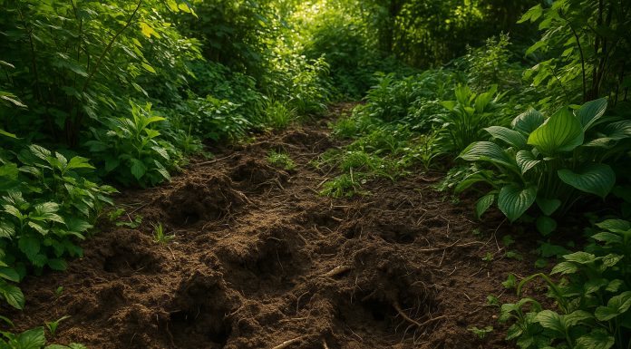 Photo hyperrealiste d'un jardin vert avec des sols perturbés et racines exposées