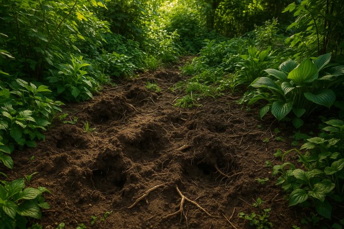 Photo hyperrealiste d'un jardin vert avec des sols perturbés et racines exposées