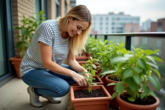 Femme plantant des graines de haricots sur un balcon urbain