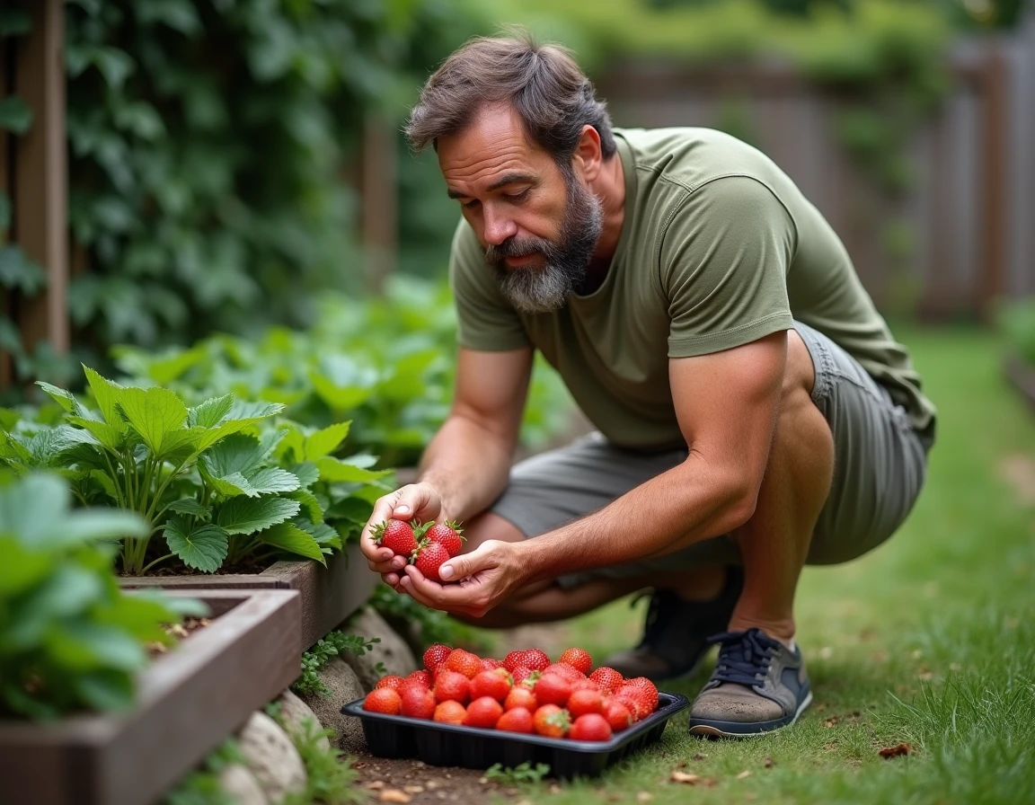 Homme comparant des fraises maison biologiques et des fraises du supermarché dans son jardin en juin