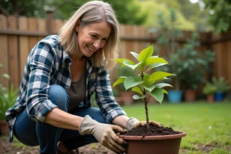 Femme plantant un jeune noyer dans un pot en extérieur