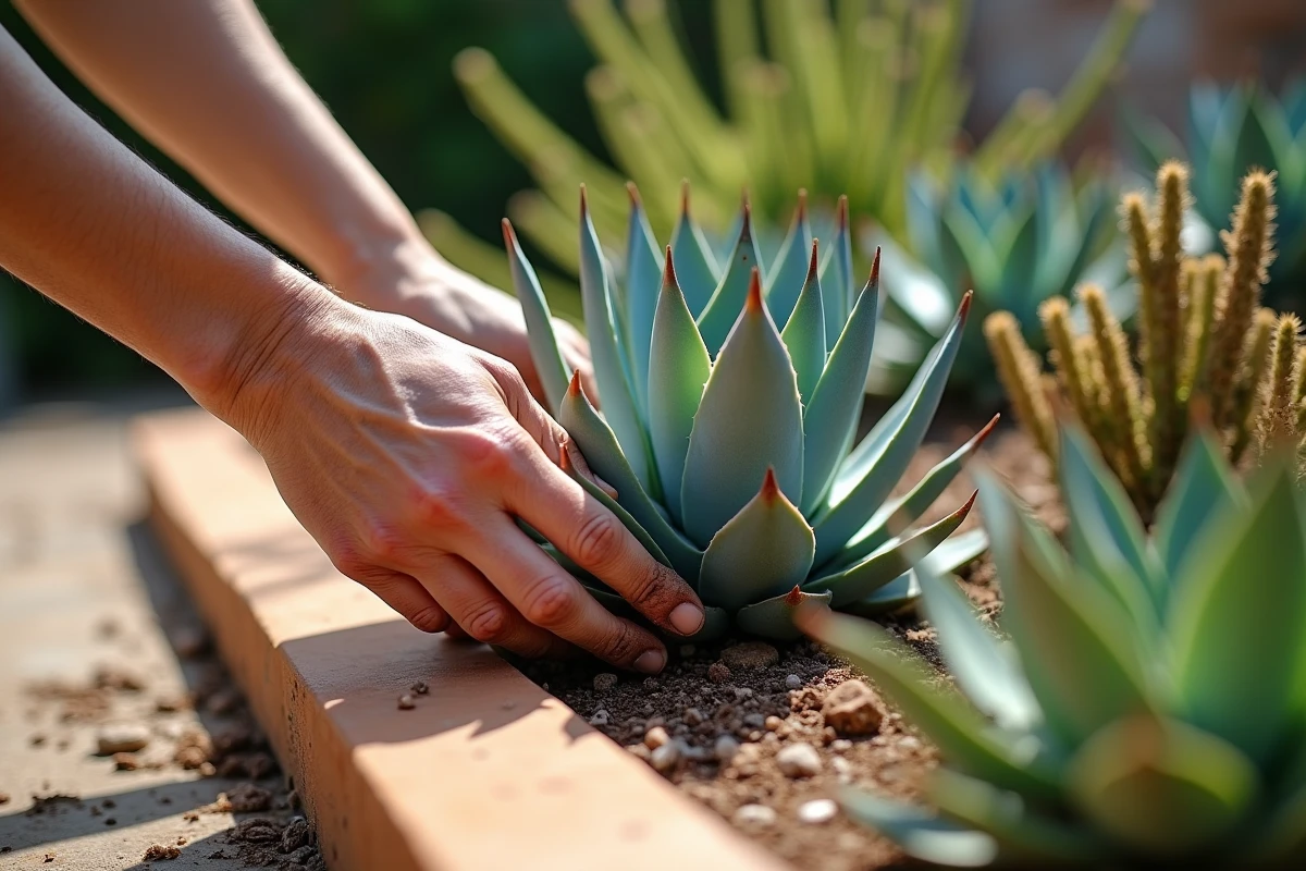 Mains d'une jardinière touchant les feuilles d'un agave dans un parterre de plantes grasses méditerranéennes résistantes à la sécheresse