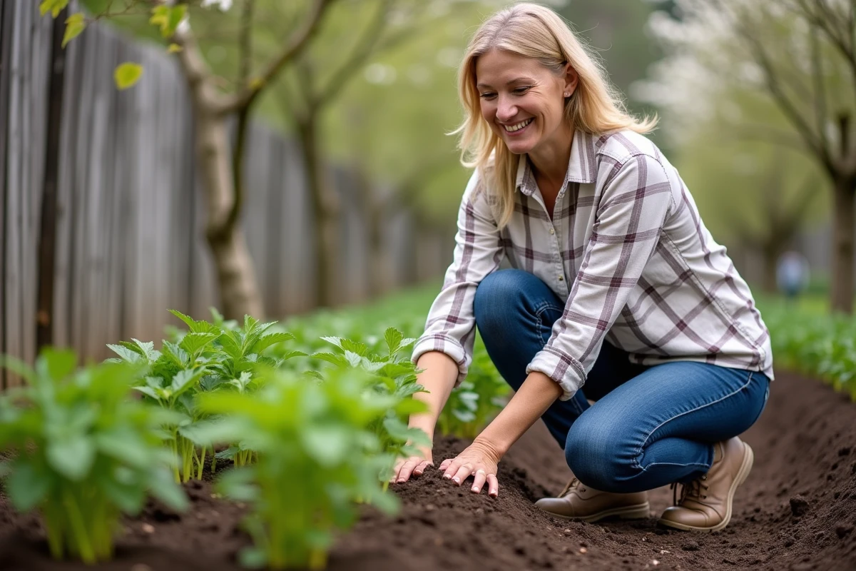 Femme dans son jardin en train de toucher la terre