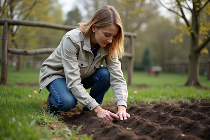 jardinage-seed-potatoes Femme moyenne âge plantant des pommes de terre dans un jardin