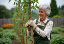Femme jardinant avec des tomates et plantes aromatiques