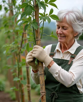 Femme jardinant avec des tomates et plantes aromatiques