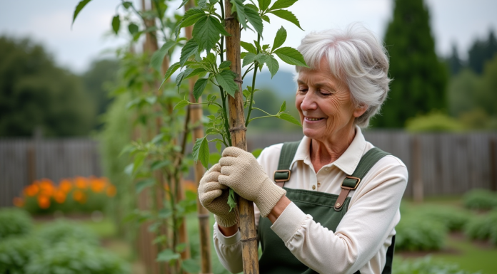 Femme jardinant avec des tomates et plantes aromatiques