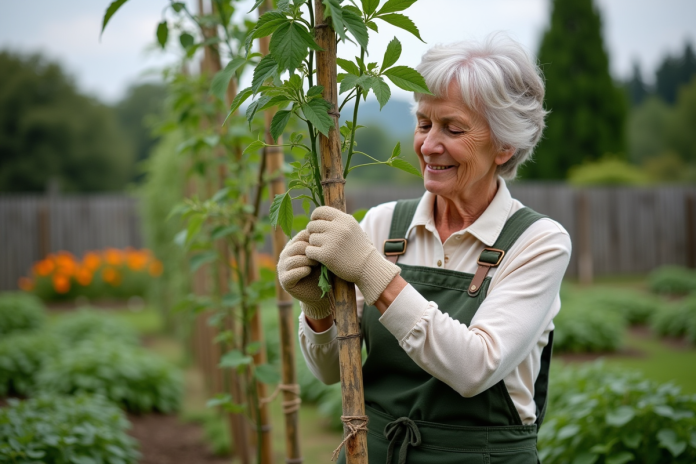 Femme jardinant avec des tomates et plantes aromatiques