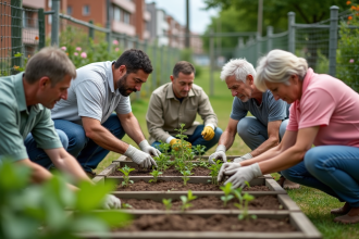 Groupe divers de personnes plantant des semis dans un jardin urbain