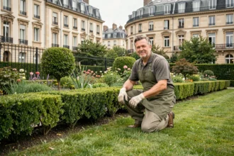 Jardinier professionnel à domicile entretenant un jardin résidentiel en Seine-Saint-Denis