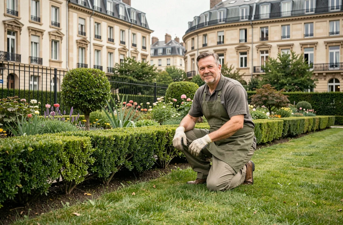 Jardinier professionnel à domicile entretenant un jardin résidentiel en Seine-Saint-Denis