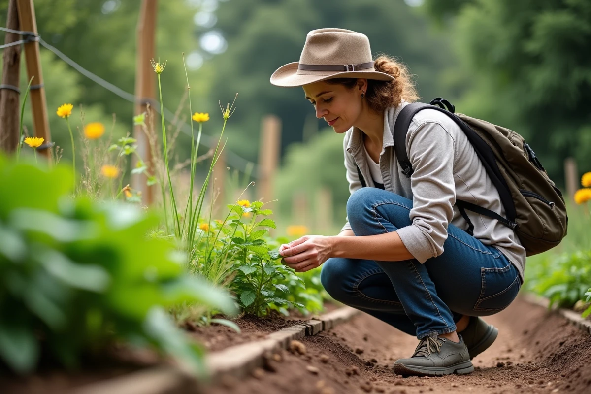 Femme au jardin inspectant des plantes dans un jardin communautaire