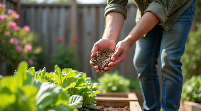 Homme jardinier épandant de l'engrais dans un jardin verdoyant