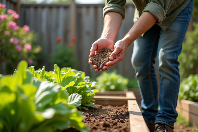 jardinier-fertilisation-vegetaux Homme jardinier épandant de l'engrais dans un jardin verdoyant