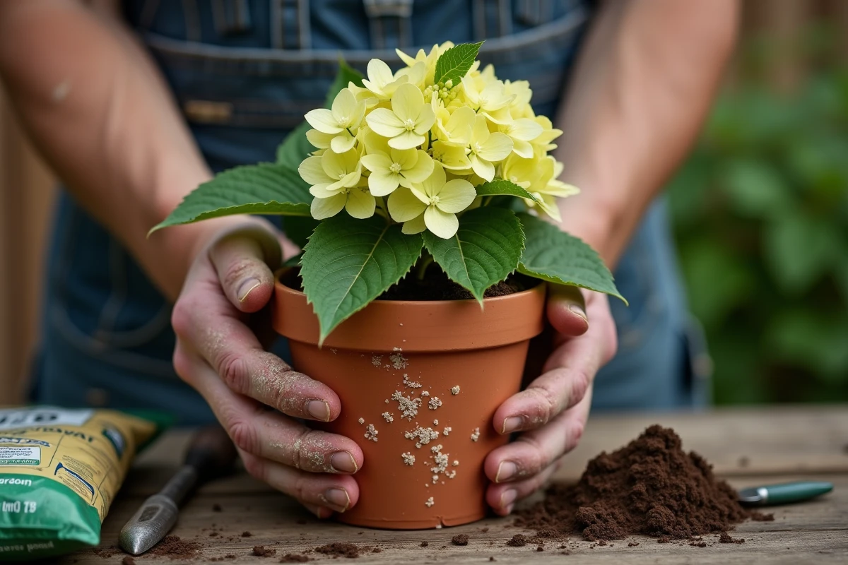 Mains de jardinier tenant un hortensia en pot aux feuilles jaunissantes avec des dépôts calcaires sur la terre cuite au printemps