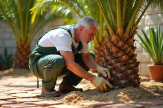 Jardinier inspectant la base d'un palmier pour détecter des larves de papillon palmier dans un jardin méditerranéen