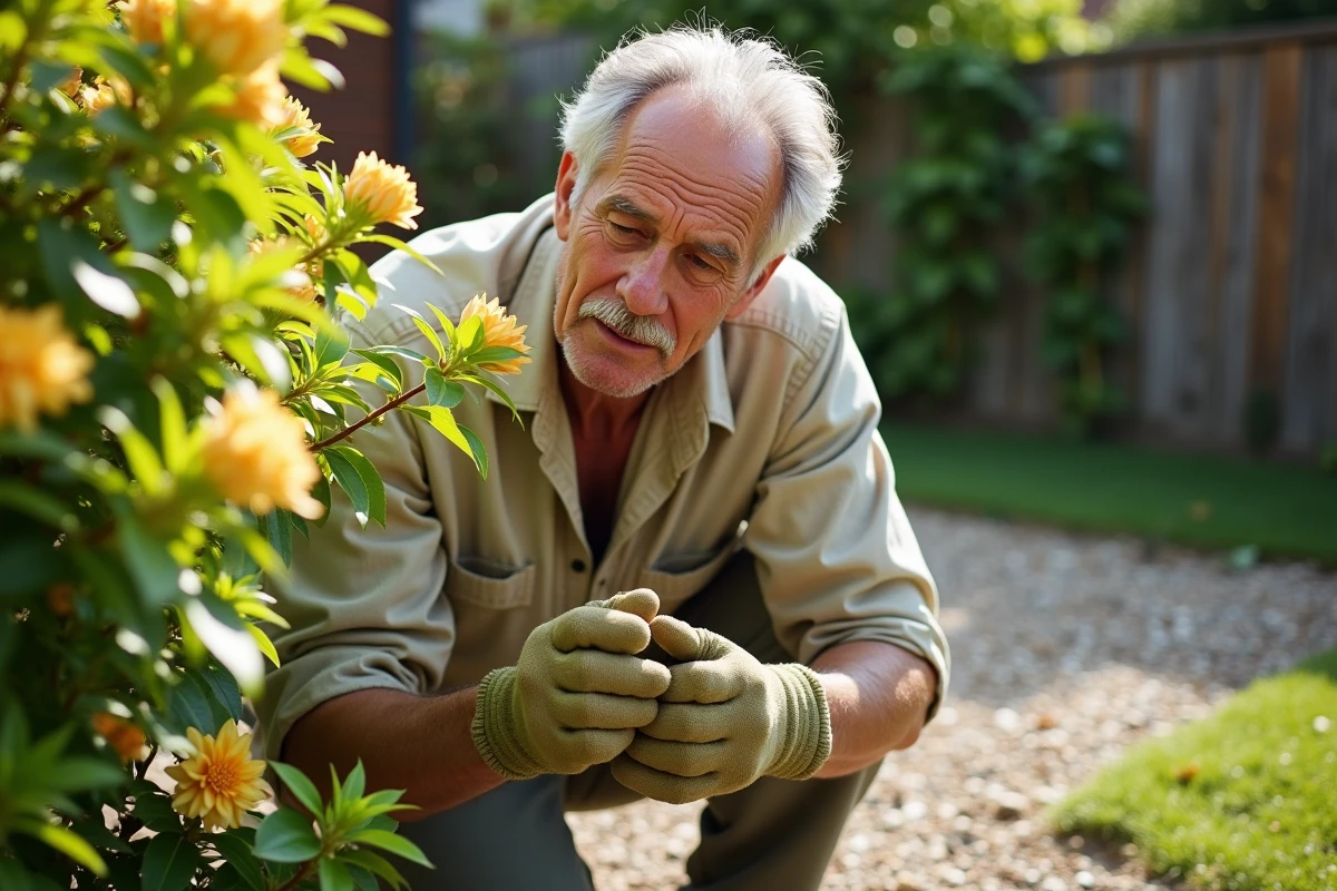 Jardinier examinant un laurier rose aux feuilles jaunes dans un jardin de banlieue au printemps