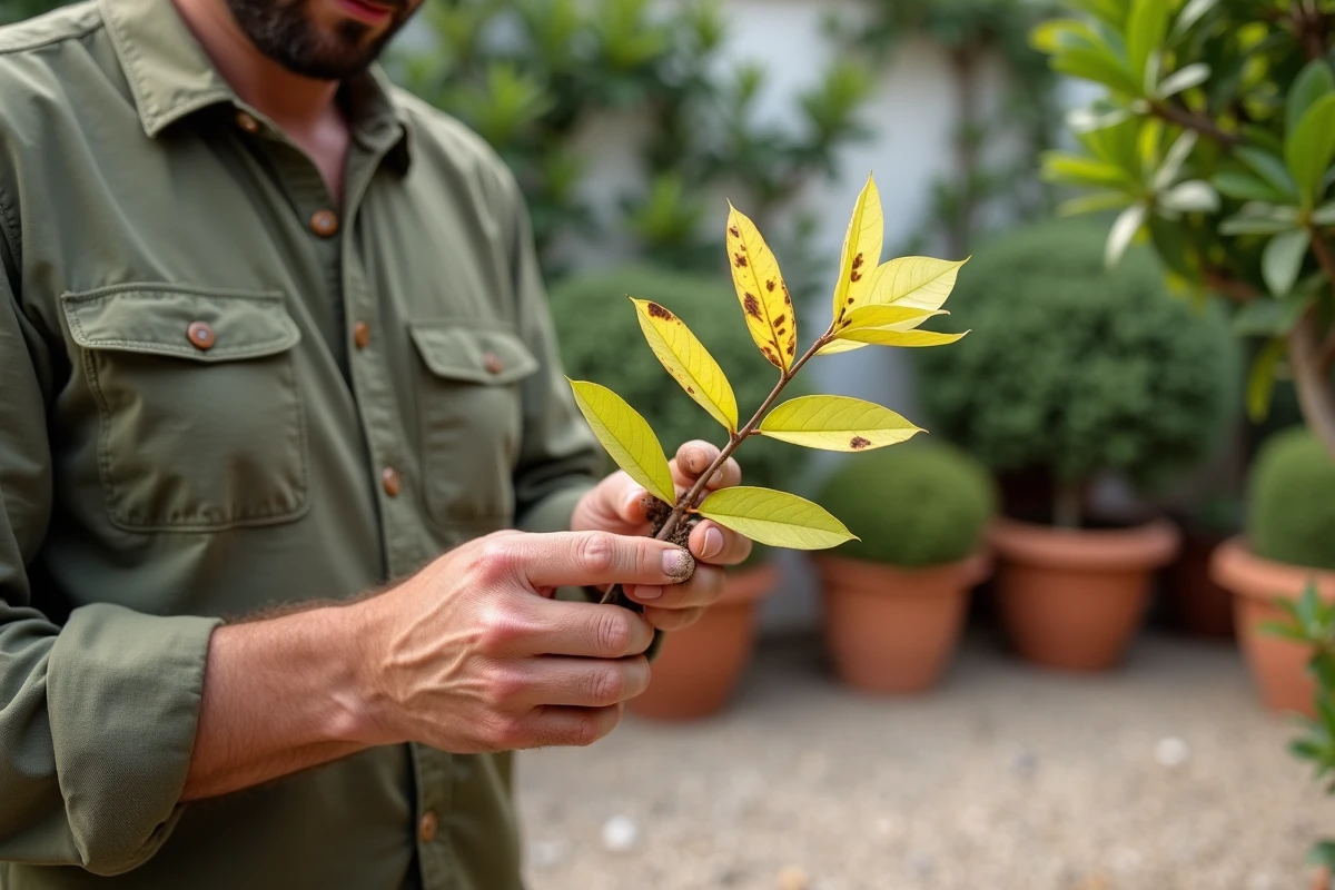 Jardinier inspectant une branche de laurier rose avec des feuilles malades présentant des taches brunes et un jaunissement