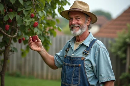 Jardinier français tenant une mûre mûre dans un jardin rural