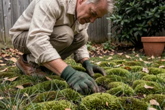 Jardinier examinant une pelouse envahie par la mousse dans un jardin suburban