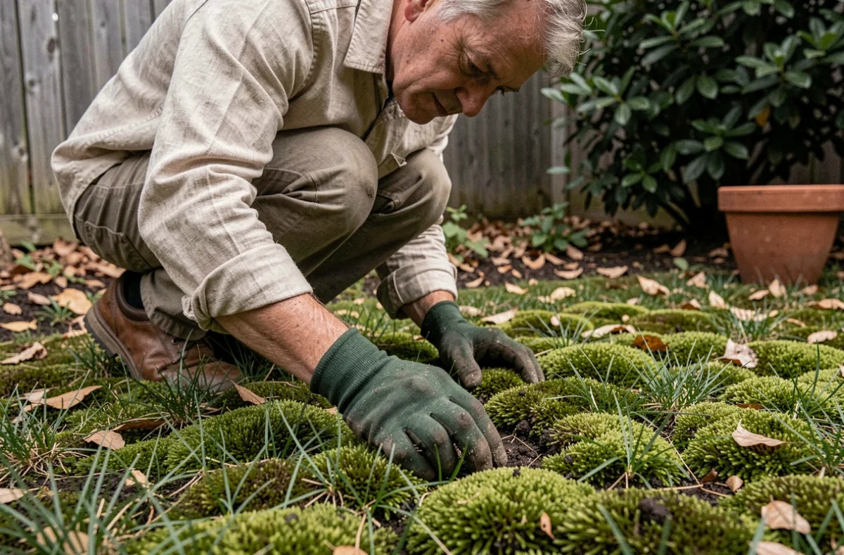 Jardinier examinant une pelouse envahie par la mousse dans un jardin suburban