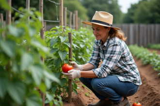 Femme portant chapeau de paille et gants travaillant dans un jardin
