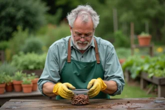 Jardinier examinant des vers de terre vivants dans un conteneur transparent sur un établi de jardin en bois