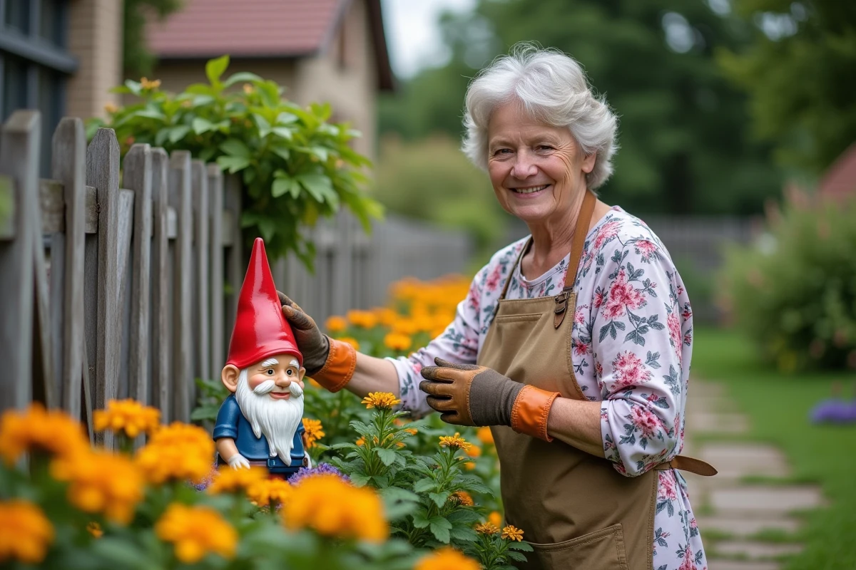 Femme jardinière plaçant un nain de jardin coloré au bord d'un massif de fleurs dans un jardin de banlieue, évoquant le retour de tendance des gnomes décoratifs