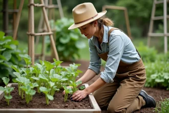 Femme en overalls et chapeau de paille sème des jeunes plants dans un jardin permaculture