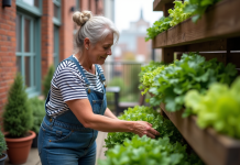 Femme en salopette denim et t-shirt rayé s'occupe d'un jardin vertical urbain