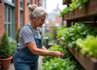 Planter des légumes en hauteur : conseils et idées pour un potager vertical Femme en salopette denim et t-shirt rayé s'occupe d'un jardin vertical urbain